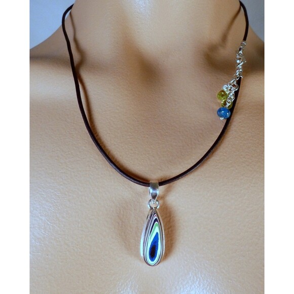 1967 Detroit Agate- Apatite- Peridot- Sterling Silver- Leather Pendant Necklace - Picture 2 of 7